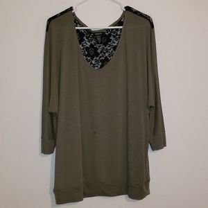 Olive & black lace 3/4 sleeve top